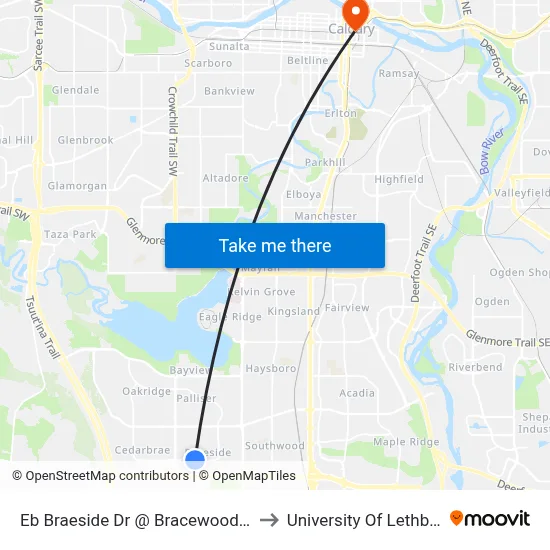 Eb Braeside Dr @ Bracewood Dr SW to University Of Lethbridge map