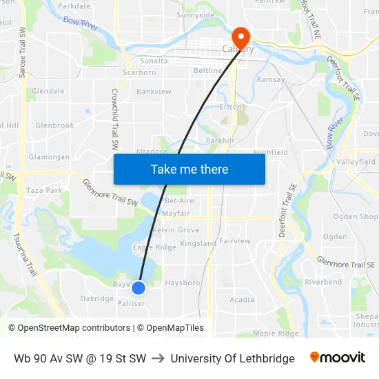 Wb 90 Av SW @ 19 St SW to University Of Lethbridge map