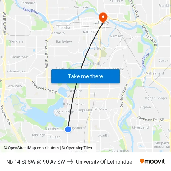 Nb 14 St SW @ 90 Av SW to University Of Lethbridge map