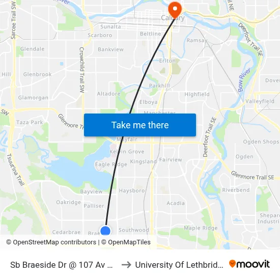 Sb Braeside Dr @ 107 Av SW to University Of Lethbridge map