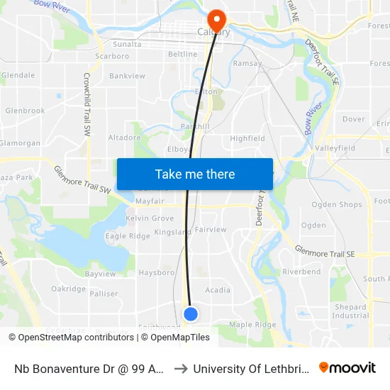 Nb Bonaventure Dr @ 99 Av SE to University Of Lethbridge map