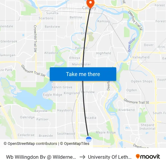 Wb Willingdon Bv @ Wilderness Dr SE to University Of Lethbridge map