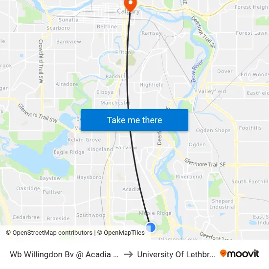 Wb Willingdon Bv @ Acadia Dr SE to University Of Lethbridge map