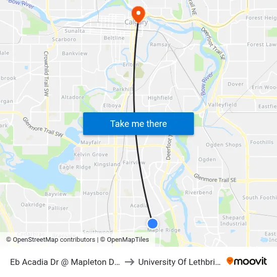 Eb Acadia Dr @ Mapleton Dr SE to University Of Lethbridge map