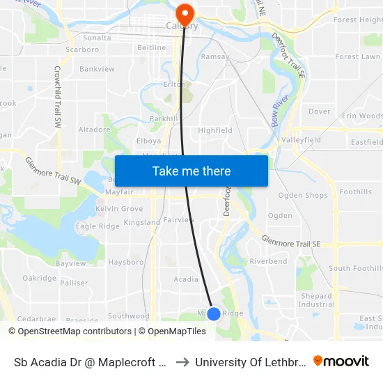 Sb Acadia Dr @ Maplecroft Rd SE to University Of Lethbridge map