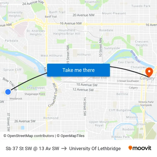 Sb 37 St SW @ 13 Av SW to University Of Lethbridge map