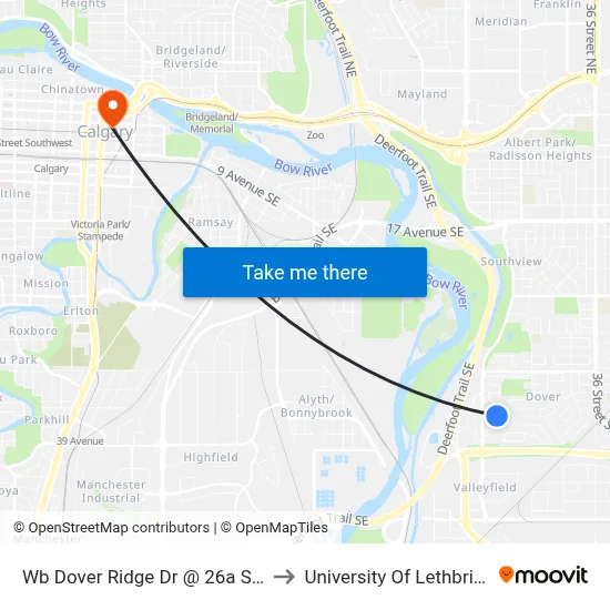 Wb Dover Ridge Dr @ 26a St SE to University Of Lethbridge map