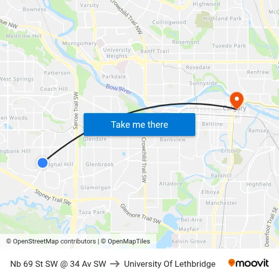 Nb 69 St SW @ 34 Av SW to University Of Lethbridge map