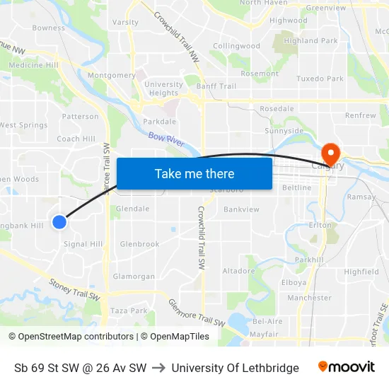 Sb 69 St SW @ 26 Av SW to University Of Lethbridge map