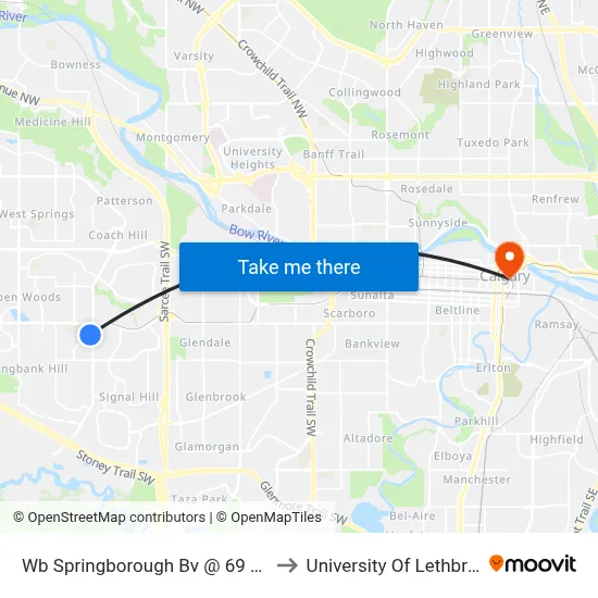 Wb Springborough Bv @ 69 St SW to University Of Lethbridge map