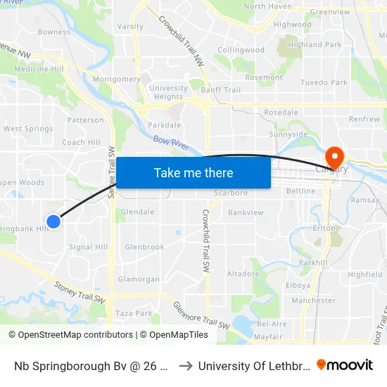 Nb Springborough Bv @ 26 Av SW to University Of Lethbridge map