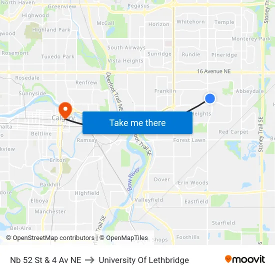 Nb 52 St & 4 Av NE to University Of Lethbridge map