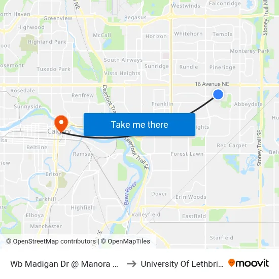 Wb Madigan Dr @ Manora Hl NE to University Of Lethbridge map