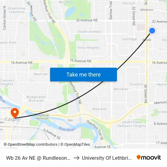 Wb 26 Av NE @ Rundleson Rd to University Of Lethbridge map