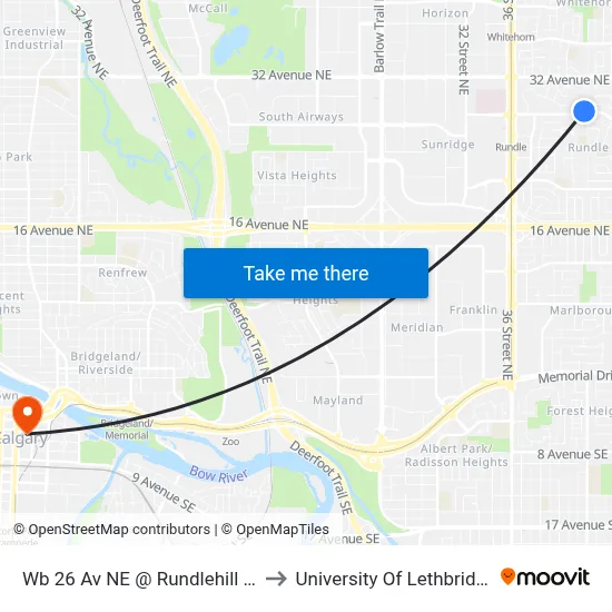 Wb 26 Av NE @ Rundlehill Dr to University Of Lethbridge map