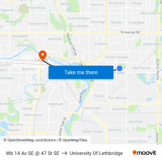 Wb 14 Av SE @ 47 St SE to University Of Lethbridge map