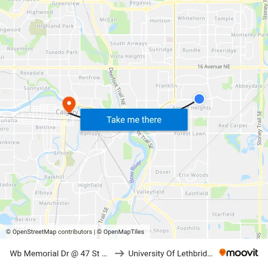 Wb Memorial Dr @ 47 St NE to University Of Lethbridge map