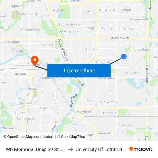 Wb Memorial Dr @ 59 St NE to University Of Lethbridge map