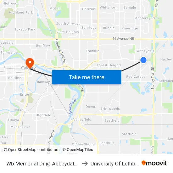 Wb Memorial Dr @ Abbeydale Dr NE to University Of Lethbridge map