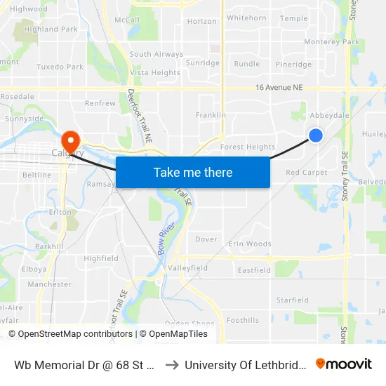 Wb Memorial Dr @ 68 St NE to University Of Lethbridge map