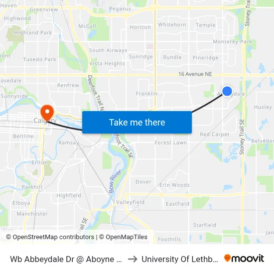 Wb Abbeydale Dr @ Aboyne Wy NE to University Of Lethbridge map