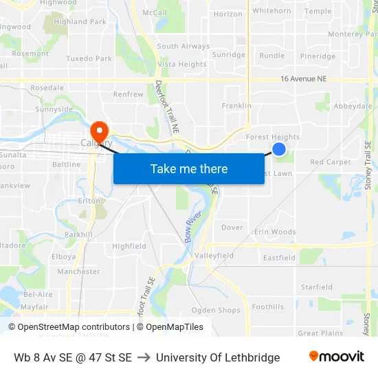Wb 8 Av SE @ 47 St SE to University Of Lethbridge map