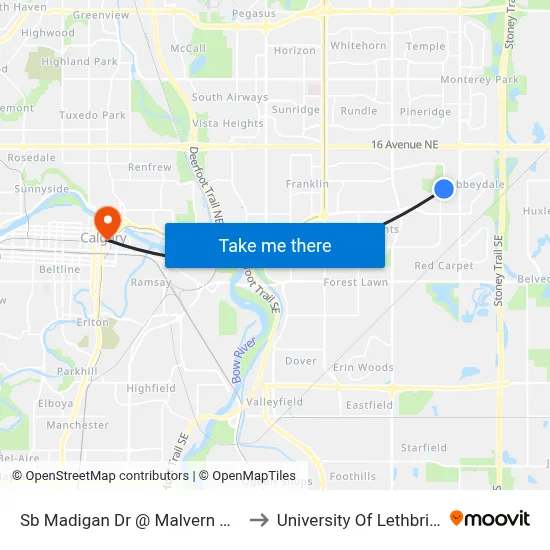 Sb Madigan Dr @ Malvern Dr NE to University Of Lethbridge map