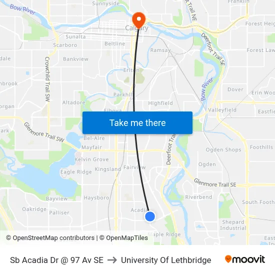 Sb Acadia Dr @ 97 Av SE to University Of Lethbridge map