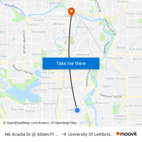 Nb Acadia Dr @ Allden Pl SE to University Of Lethbridge map