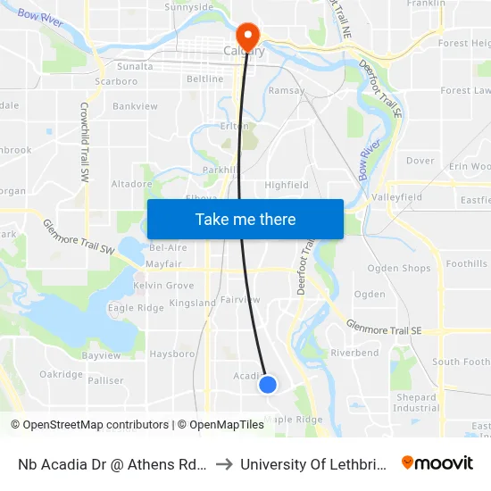 Nb Acadia Dr @ Athens Rd SE to University Of Lethbridge map