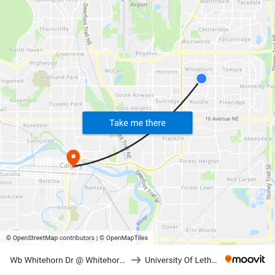 Wb Whitehorn Dr @ Whitehorn Rd NE to University Of Lethbridge map