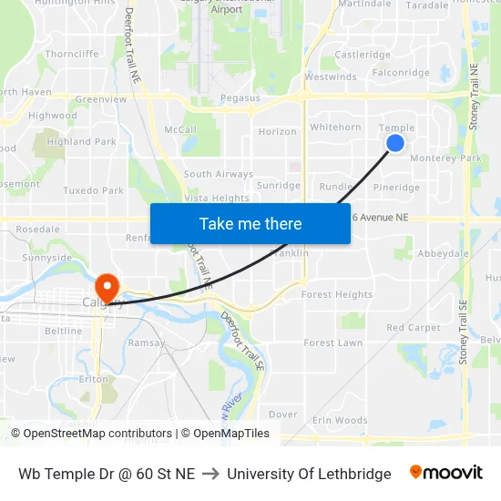 Wb Temple Dr @ 60 St NE to University Of Lethbridge map