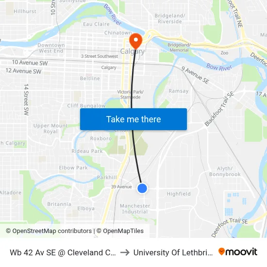 Wb 42 Av SE @ Cleveland Cr SE to University Of Lethbridge map