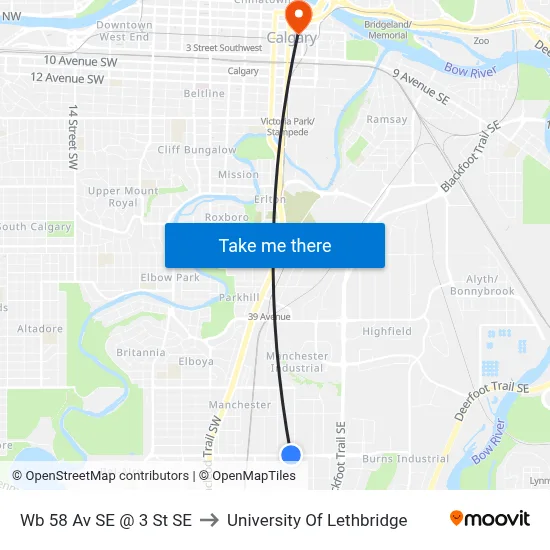 Wb 58 Av SE @ 3 St SE to University Of Lethbridge map