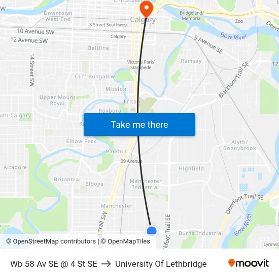 Wb 58 Av SE @ 4 St SE to University Of Lethbridge map