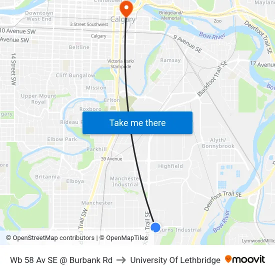 Wb 58 Av SE @ Burbank Rd to University Of Lethbridge map