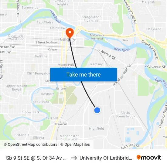 Sb 9 St SE @ S. Of 34 Av SE to University Of Lethbridge map