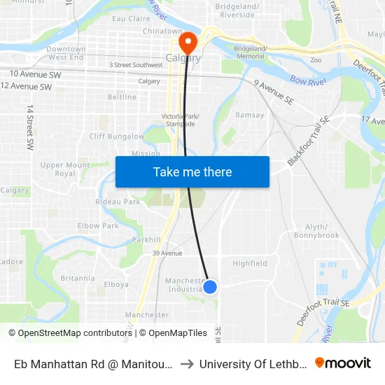 Eb Manhattan Rd @ Manitou Rd SE to University Of Lethbridge map