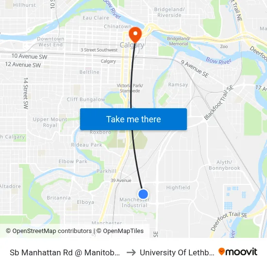 Sb Manhattan Rd @ Manitoba Rd SE to University Of Lethbridge map