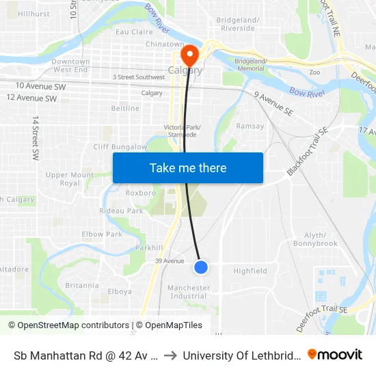 Sb Manhattan Rd @ 42 Av SE to University Of Lethbridge map