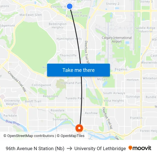 96th Avenue N Station (Nb) to University Of Lethbridge map
