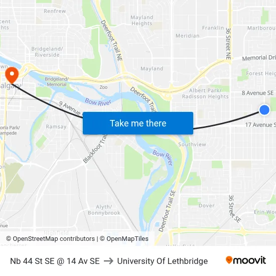 Nb 44 St SE @ 14 Av SE to University Of Lethbridge map