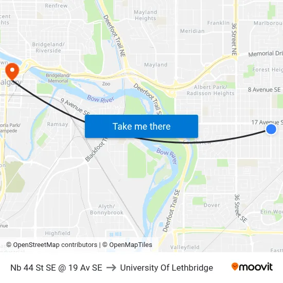 Nb 44 St SE @ 19 Av SE to University Of Lethbridge map
