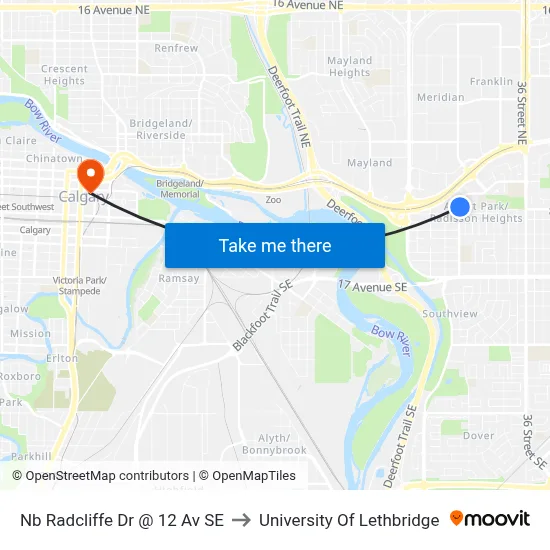 Nb Radcliffe Dr @ 12 Av SE to University Of Lethbridge map