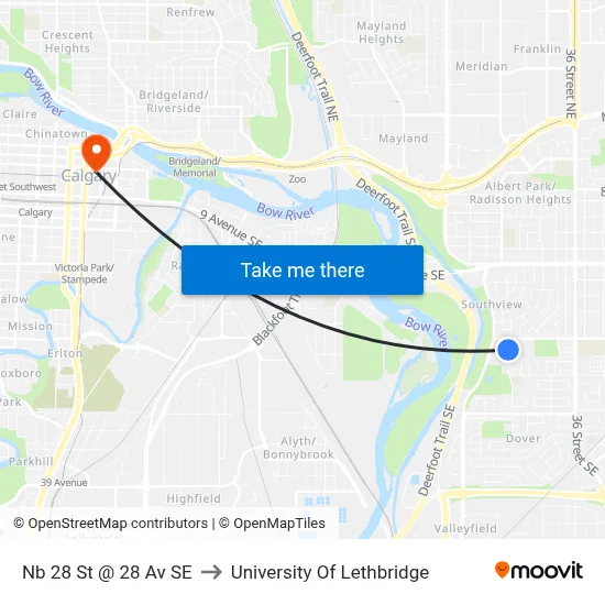 Nb 28 St @ 28 Av SE to University Of Lethbridge map