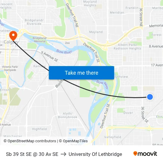 Sb 39 St SE @ 30 Av SE to University Of Lethbridge map