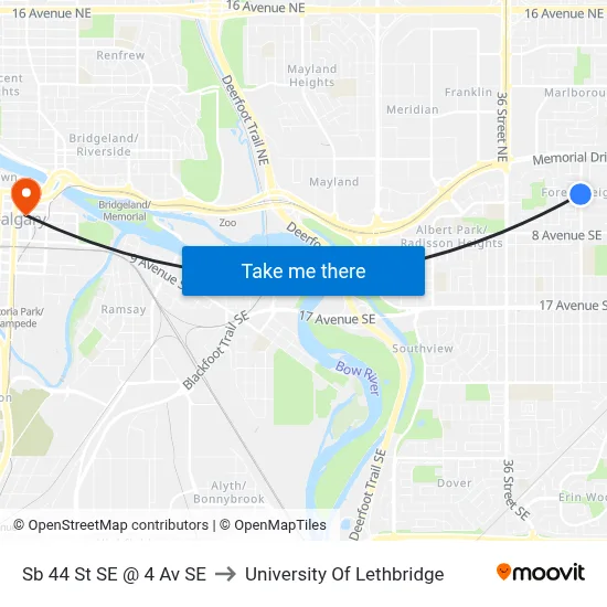 Sb 44 St SE @ 4 Av SE to University Of Lethbridge map