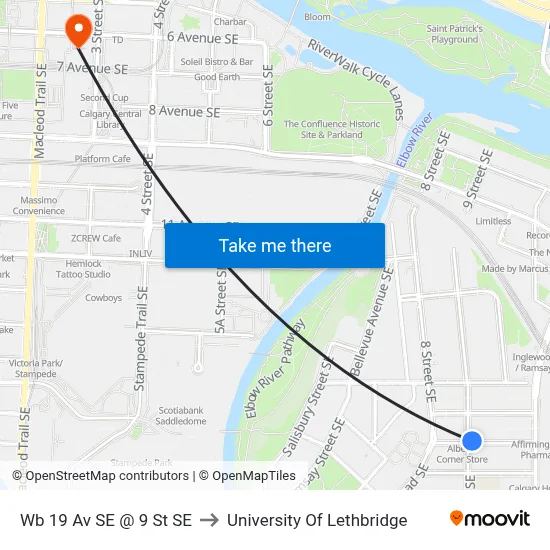 Wb 19 Av SE @ 9 St SE to University Of Lethbridge map