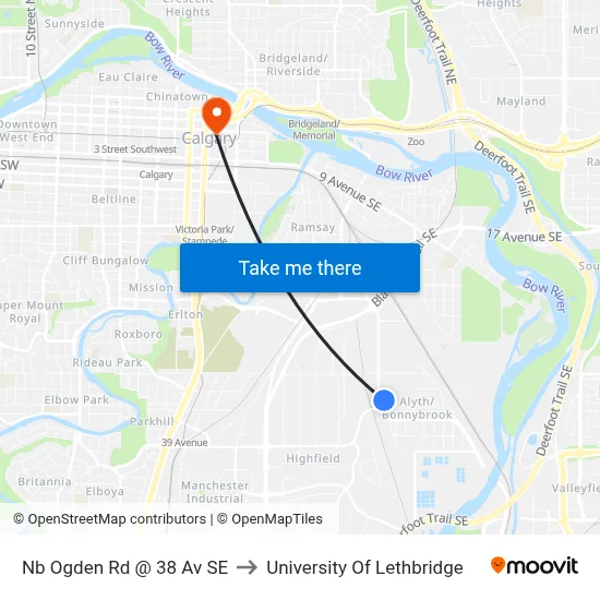 Nb Ogden Rd @ 38 Av SE to University Of Lethbridge map