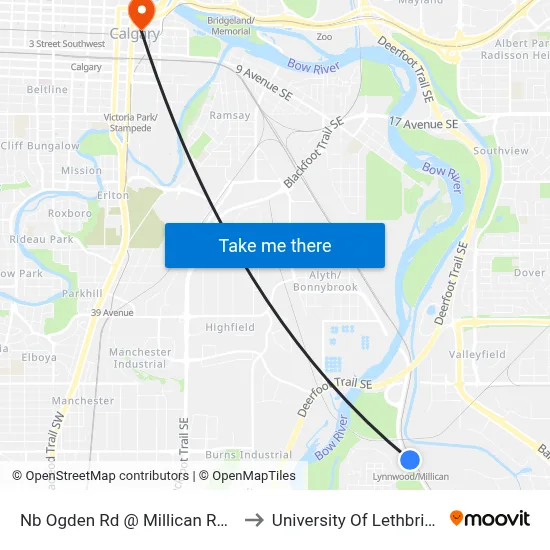 Nb Ogden Rd @ Millican Rd SE to University Of Lethbridge map